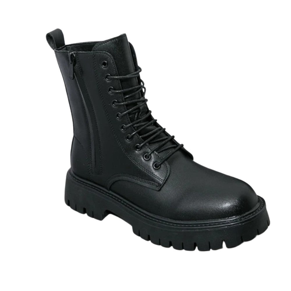 Leather Lace-Up Ankle Boots with Side Zipper and Platform Sole