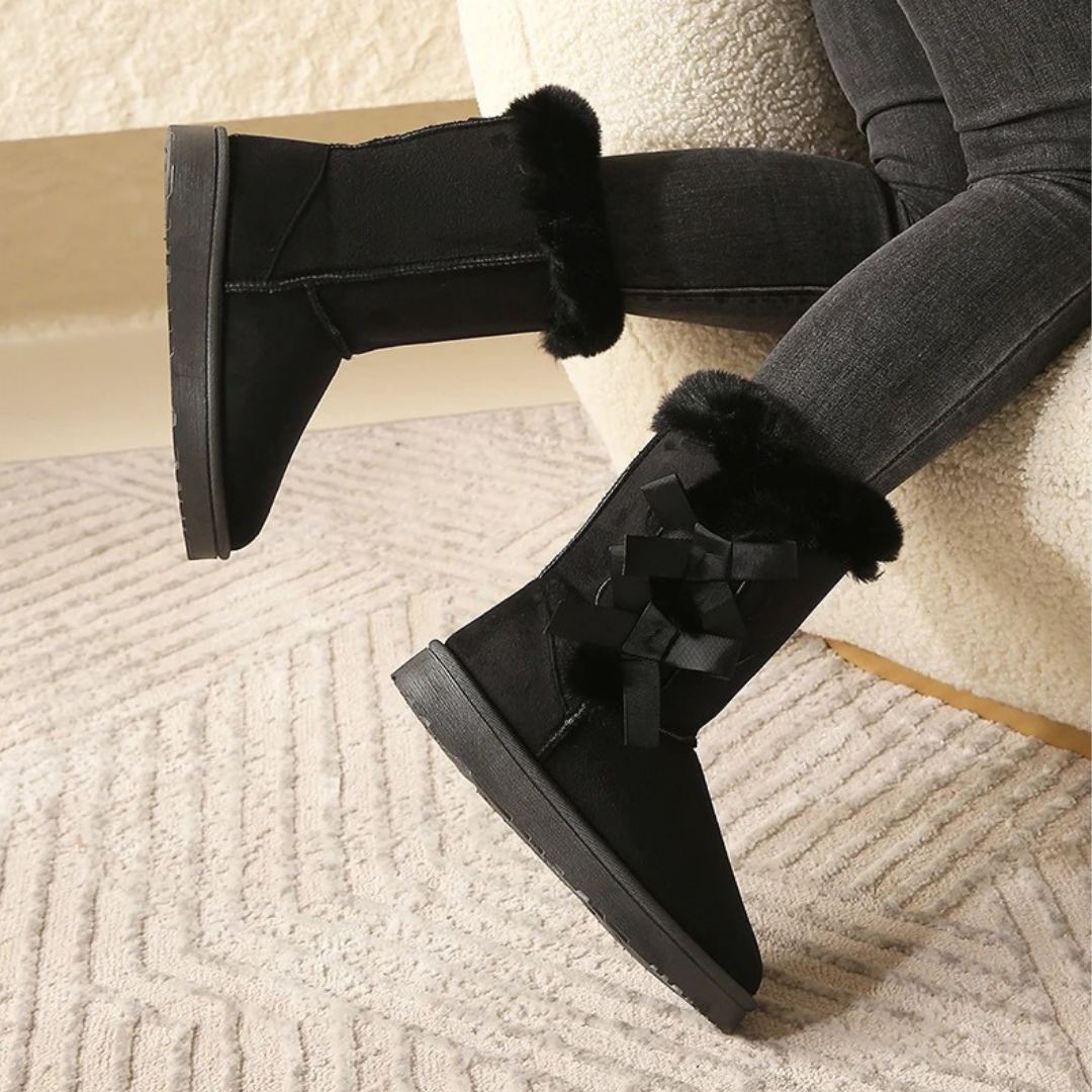 Mid-Calf Slip-On Winter Platform Boots With Side Bow Details and Plush Lining