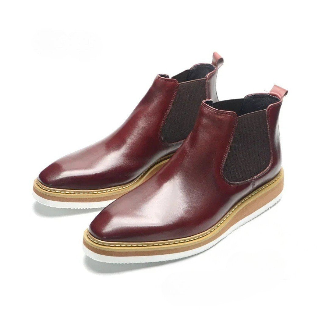 Leather Smart Casual Chelsea Ankle Boots with White Wedge Platform Sole