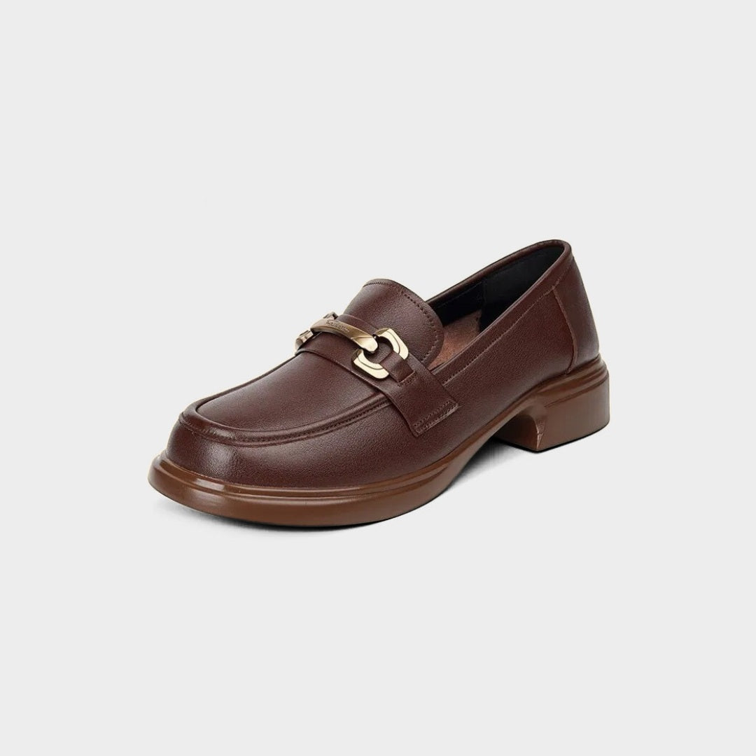 Block Heel Leather Loafers with Metallic Front Bit