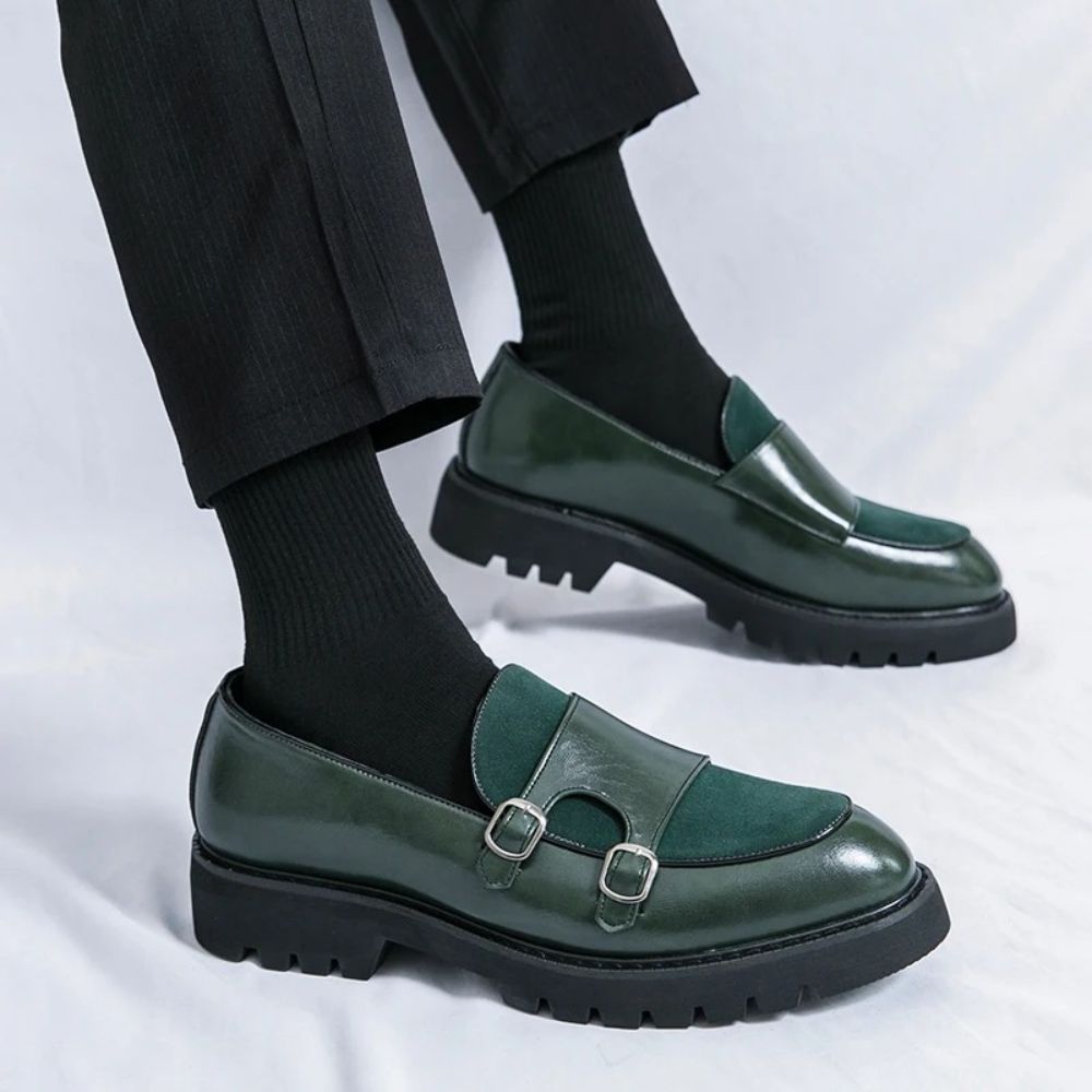 Glossy Suede Strap Chunk Sole Loafers