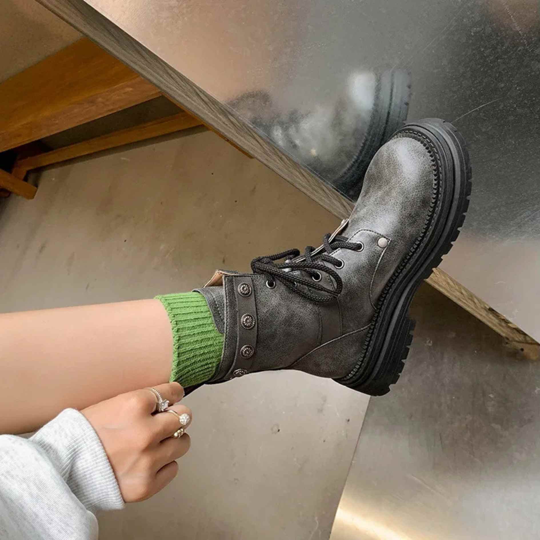 Leather Lace-Up Ankle Boots with Rivet Strap and Chunky Sole