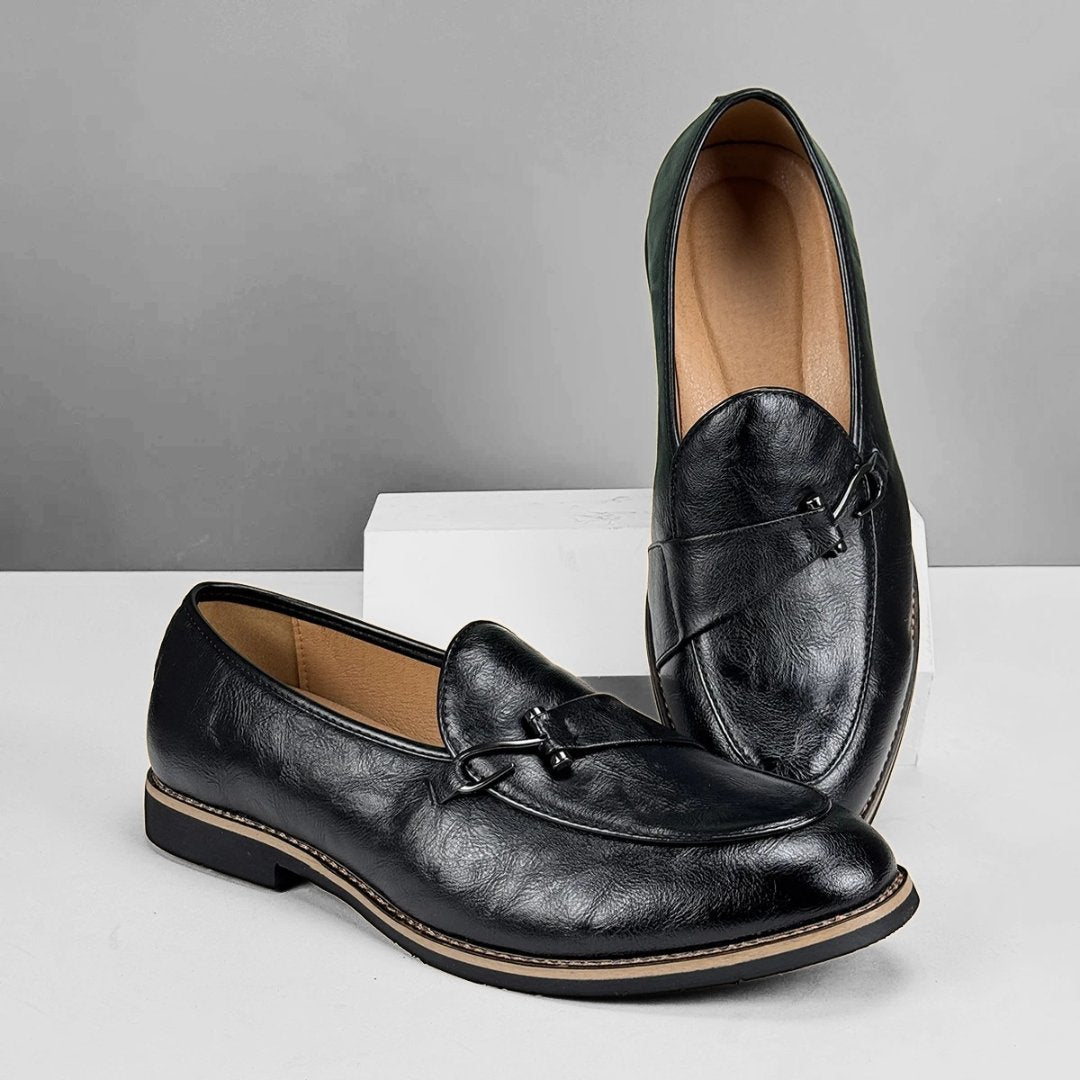 Leather Dress Loafers with Decorative Hook Closure