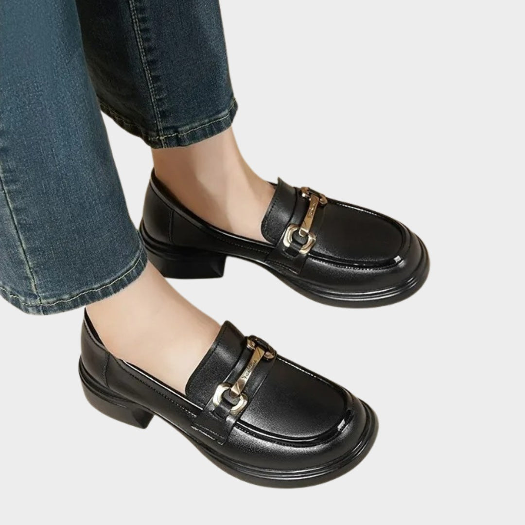 Block Heel Leather Loafers with Metallic Front Bit