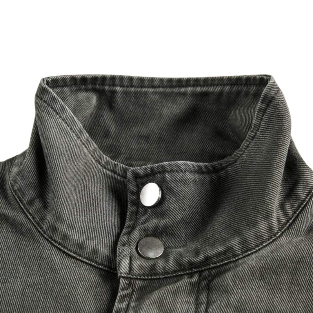 Washed Workwear Jacket With Stand Collar and Oversized Pockets