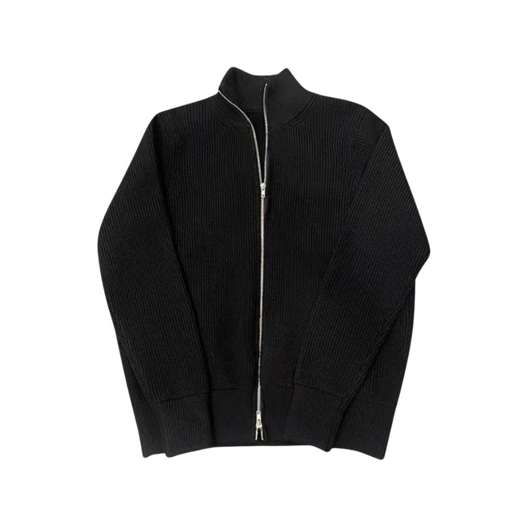 Ribbed Zip-Up High Neck Knit Sweater