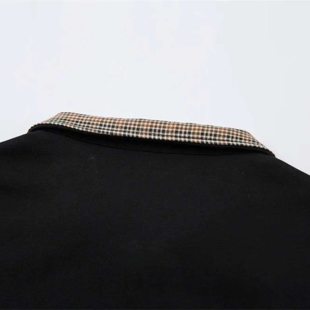 Black Long Sleeve Polo with Half-Zip Closure and Plaid Collar