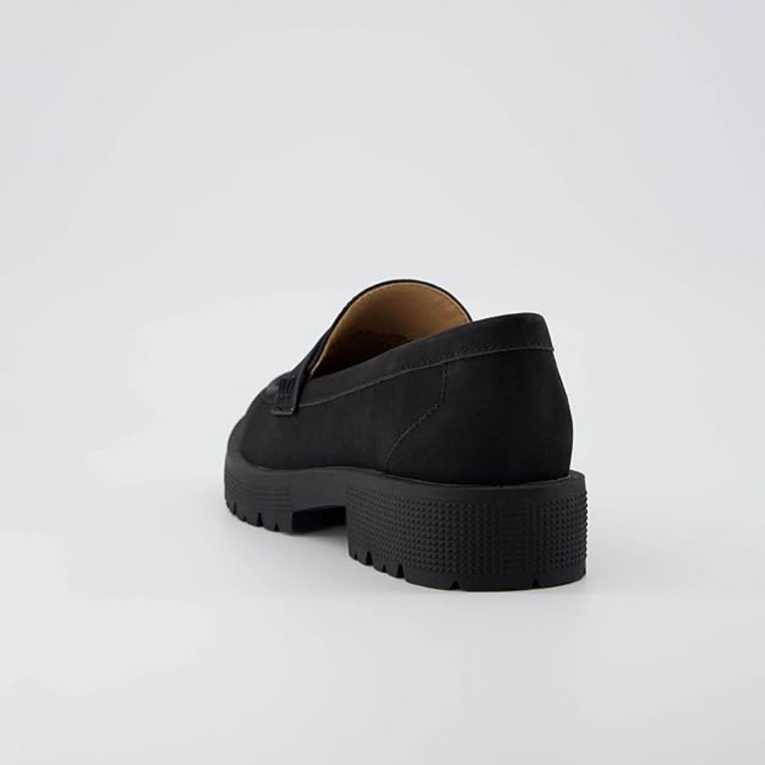 Leather Suede Penny Loafer Pumps with Low Block Heel