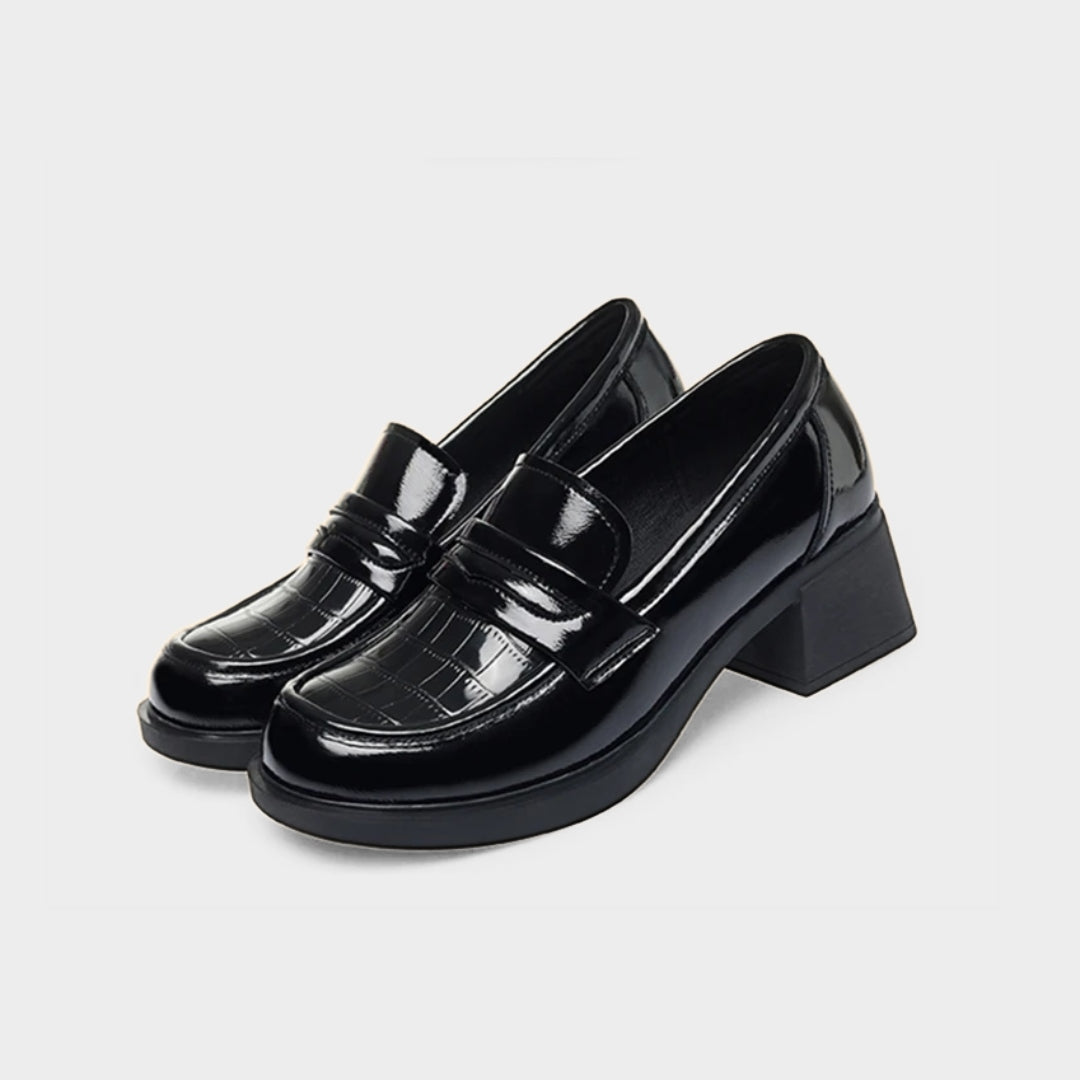 Black Gloss Leather Platform Penny Loafer Pumps