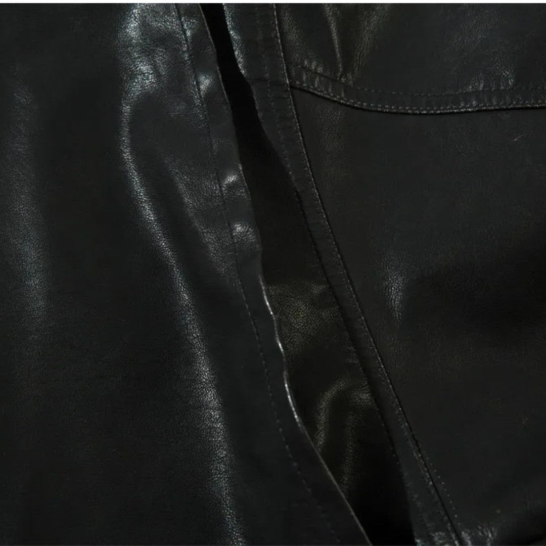 Black Distressed Leather Jacket With Zip-Up Pockets