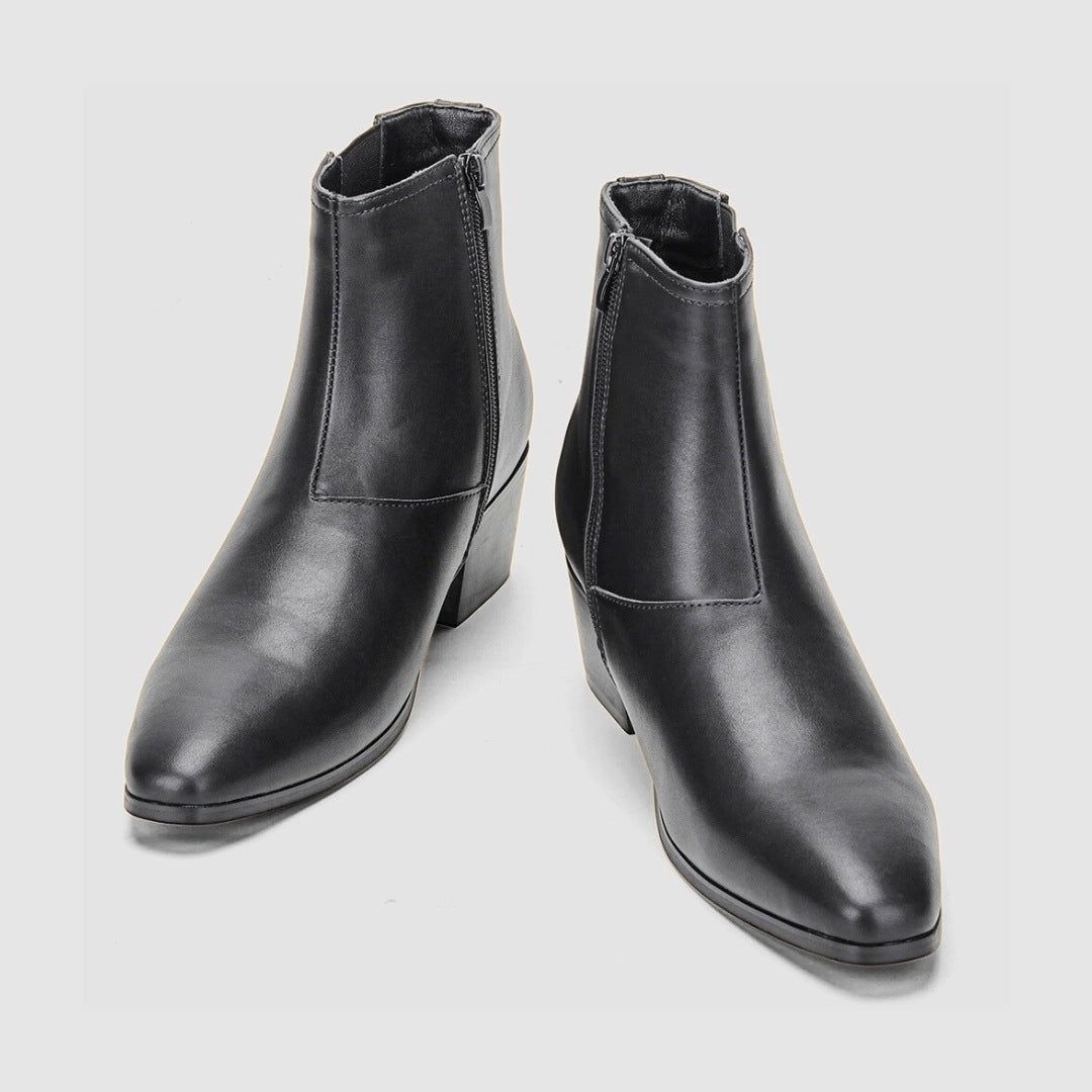 Black Block Heel Chelsea Ankle Boots with Side Zip Closure and Almond-Toe