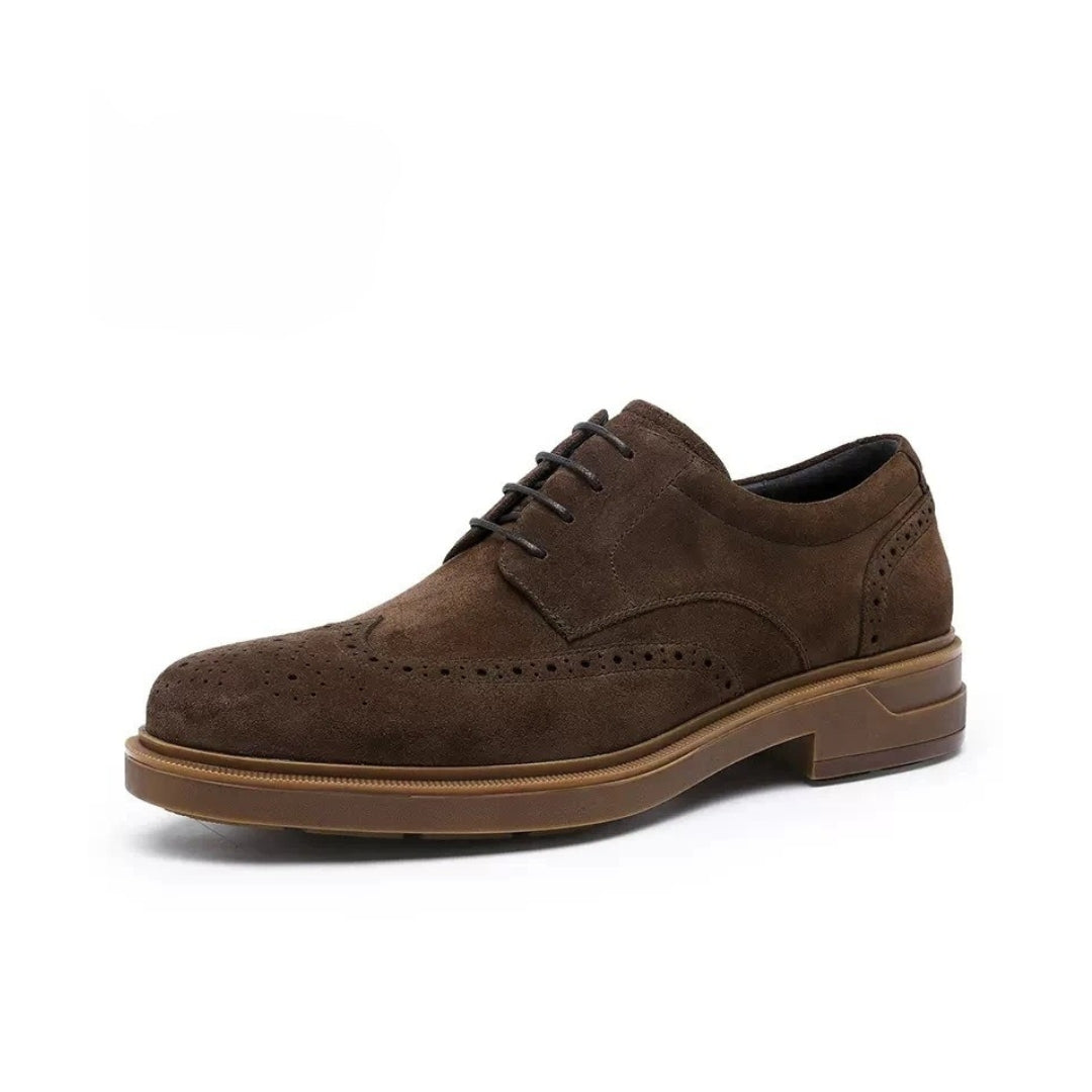 Brogue Suede Leather Derby Dress Shoes With Raised Sole and Block Heel