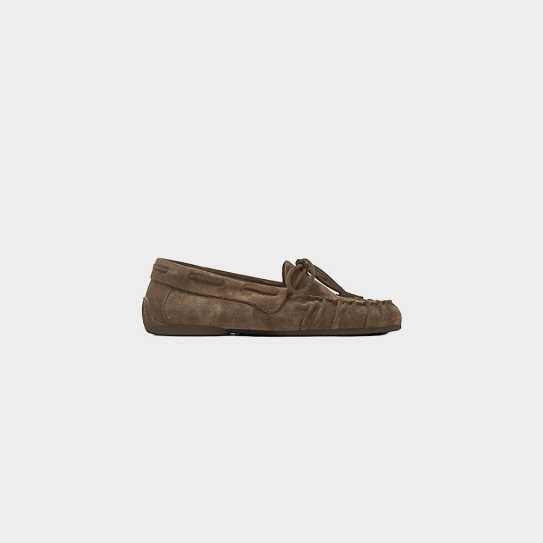 Brown Suede Leather Font-Lace Boat Loafers
