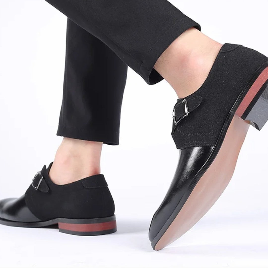 Two-Tone Suede Buckle Dress Shoes with Low Block Heel