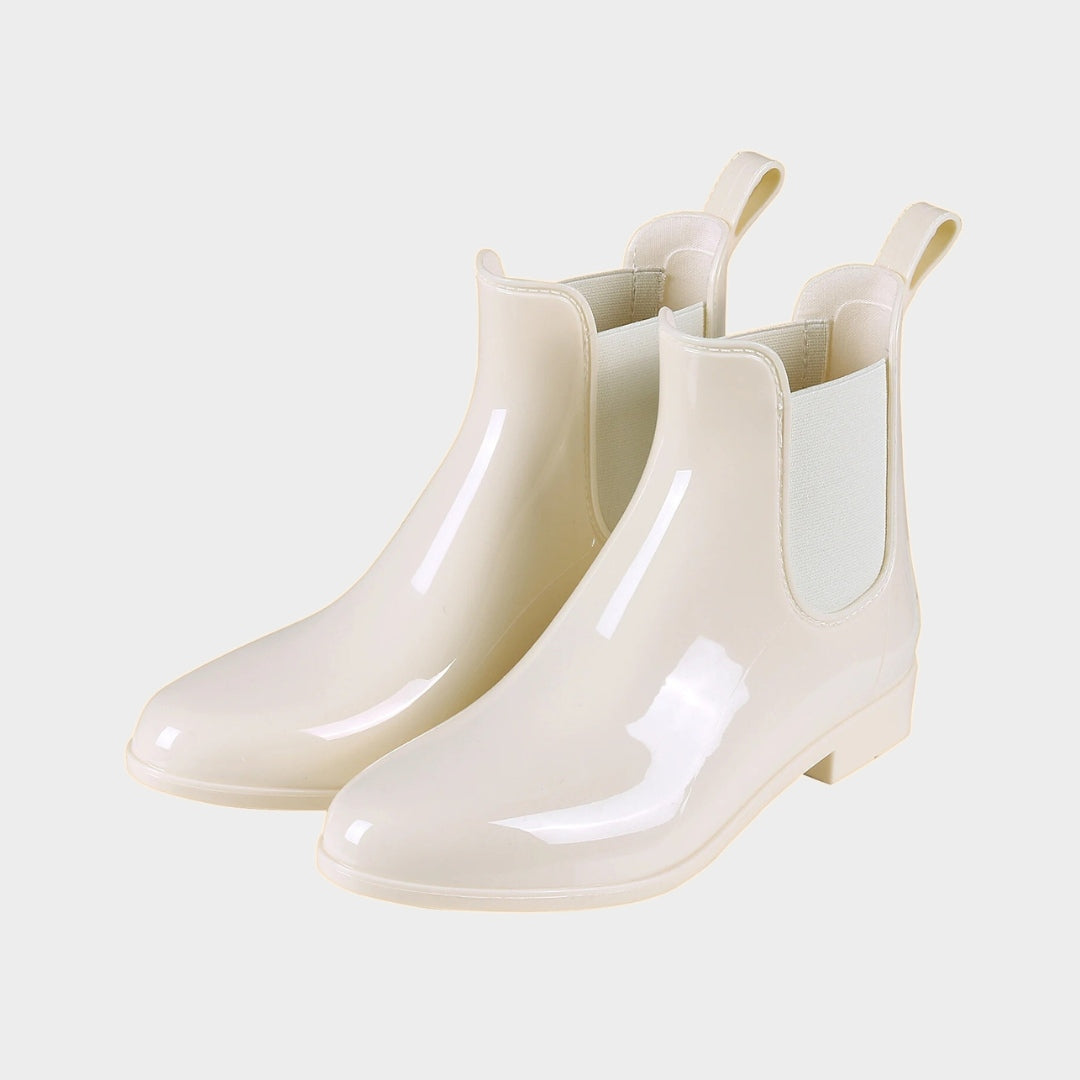 Glossy Waterproof Chelsea Ankle Rain Boots with Low Heel and Pointed Toe