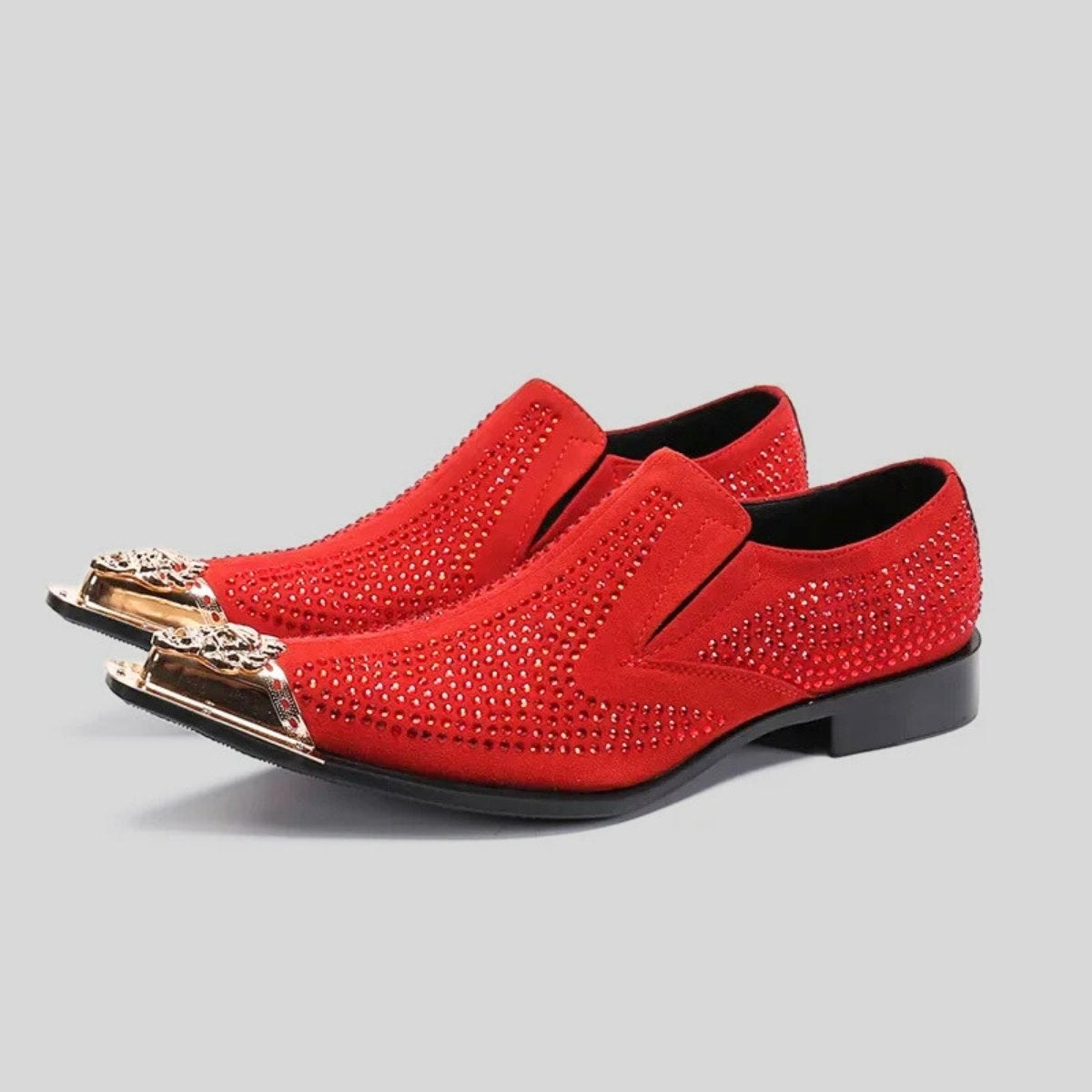 Rhinestone Slip-On Loafers with Metal Crest Toe