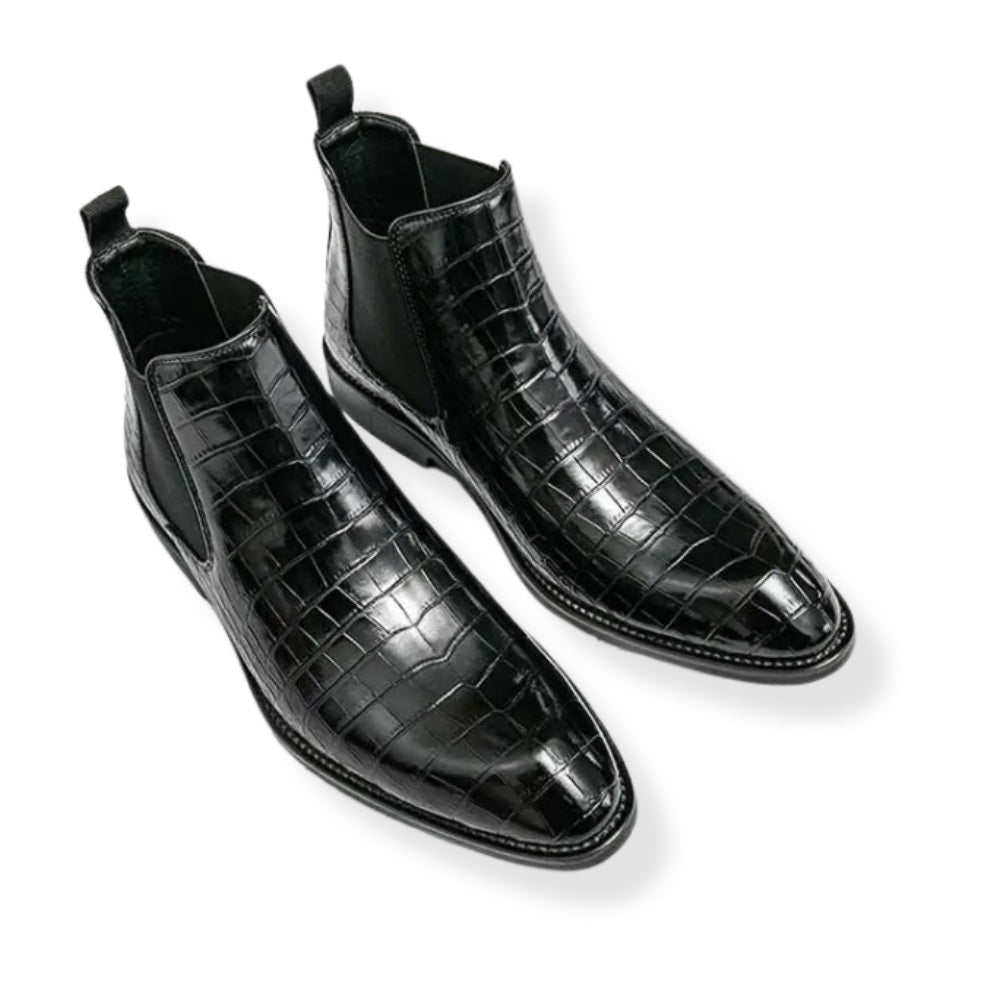 Point-Toe Crocodile-Pattern Leather Chelsea Boots