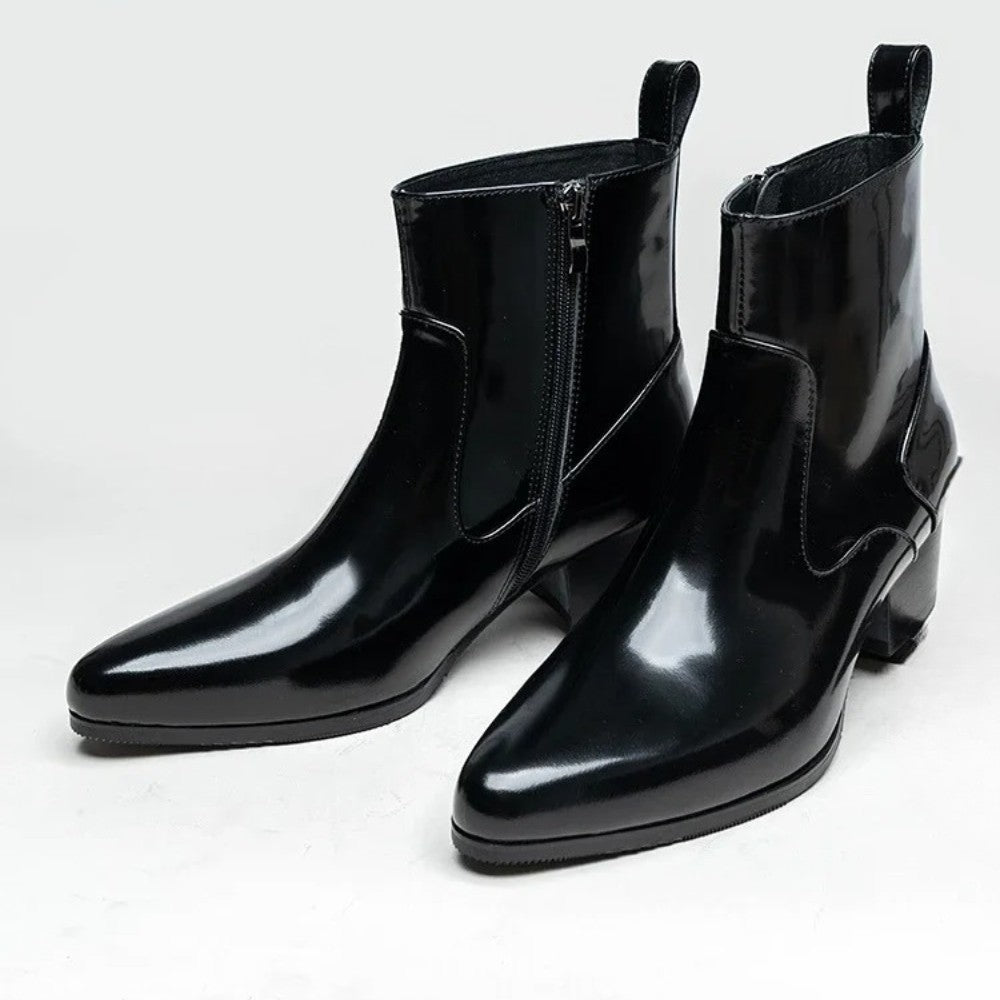 Black Patent Pointed Toe Heeled Chelsea Ankle Boots