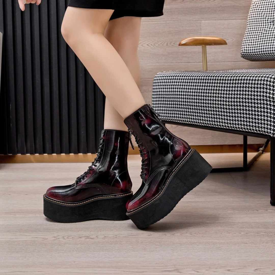 Polished Leather High-Platform Ankle Boots