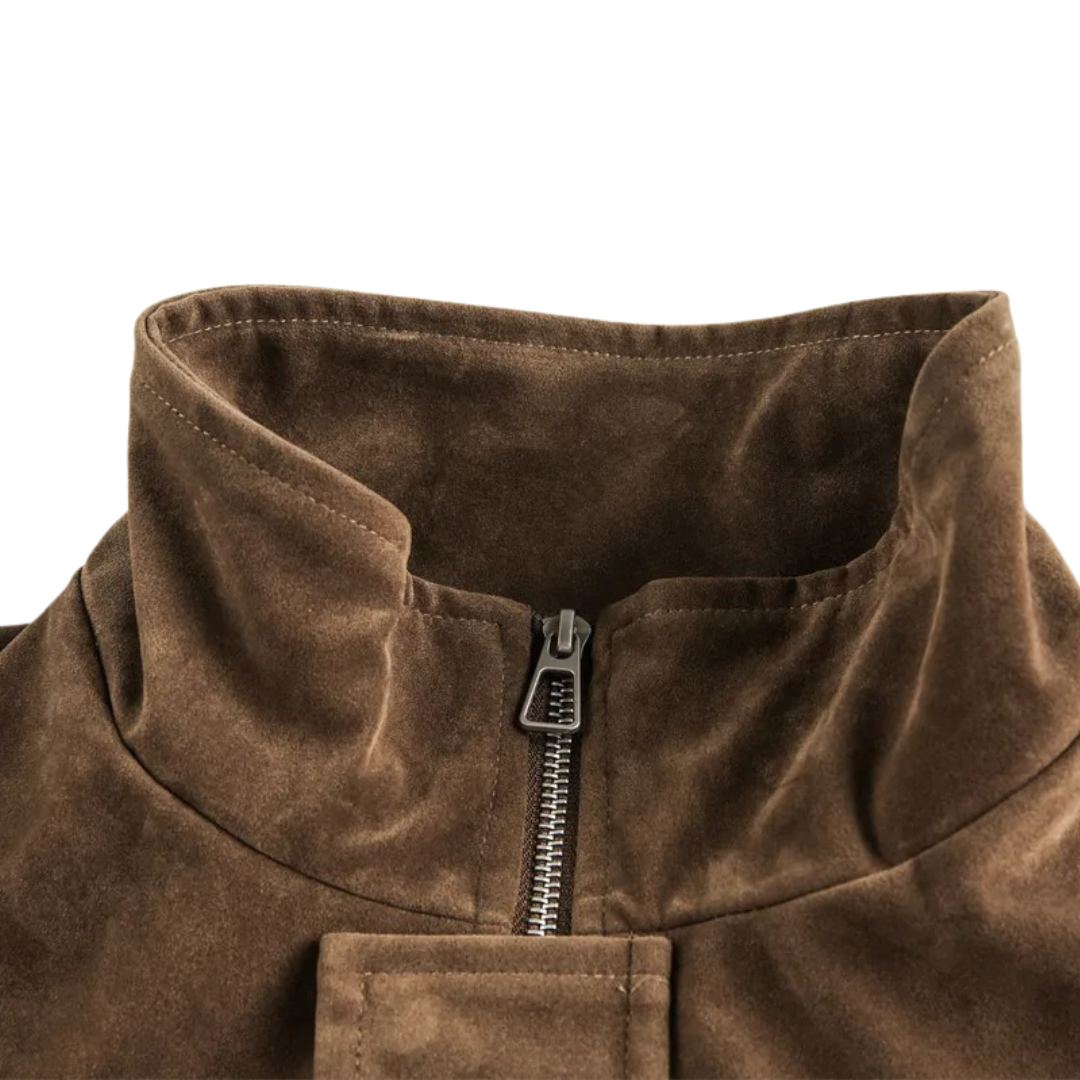 Suede Zip Pocket Cargo Jacket With Stand Collar