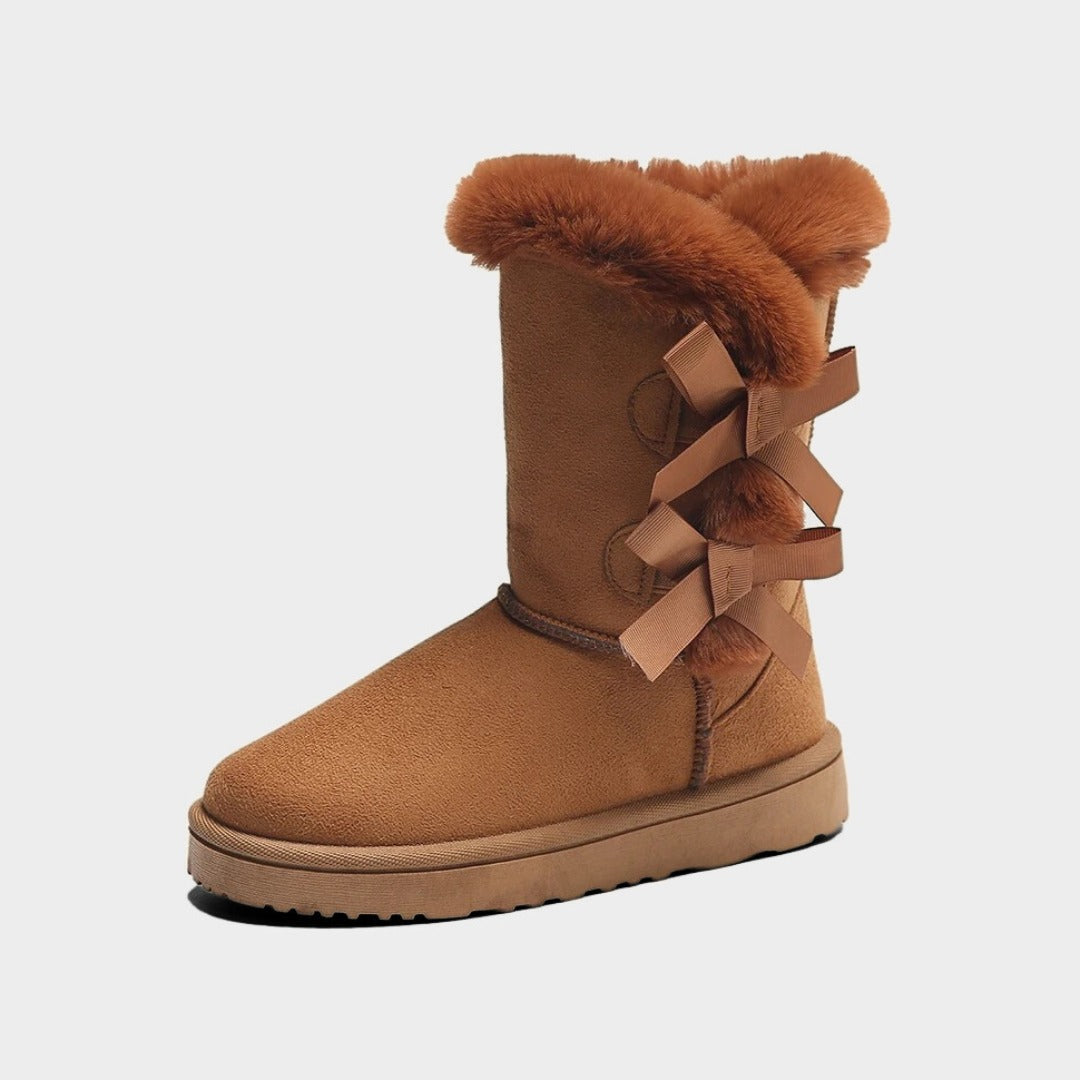Mid-Calf Slip-On Winter Platform Boots With Side Bow Details and Plush Lining