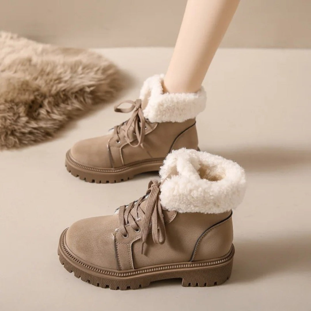 Suede Lace-Up Ankle Snow Boots with Faux-Shearling Lining and Chunky Sole