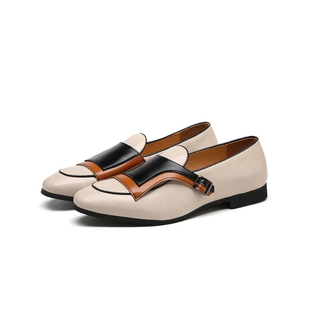 Colourblock Monk Strap Loafers with Pointed Toe and Buckle Detail