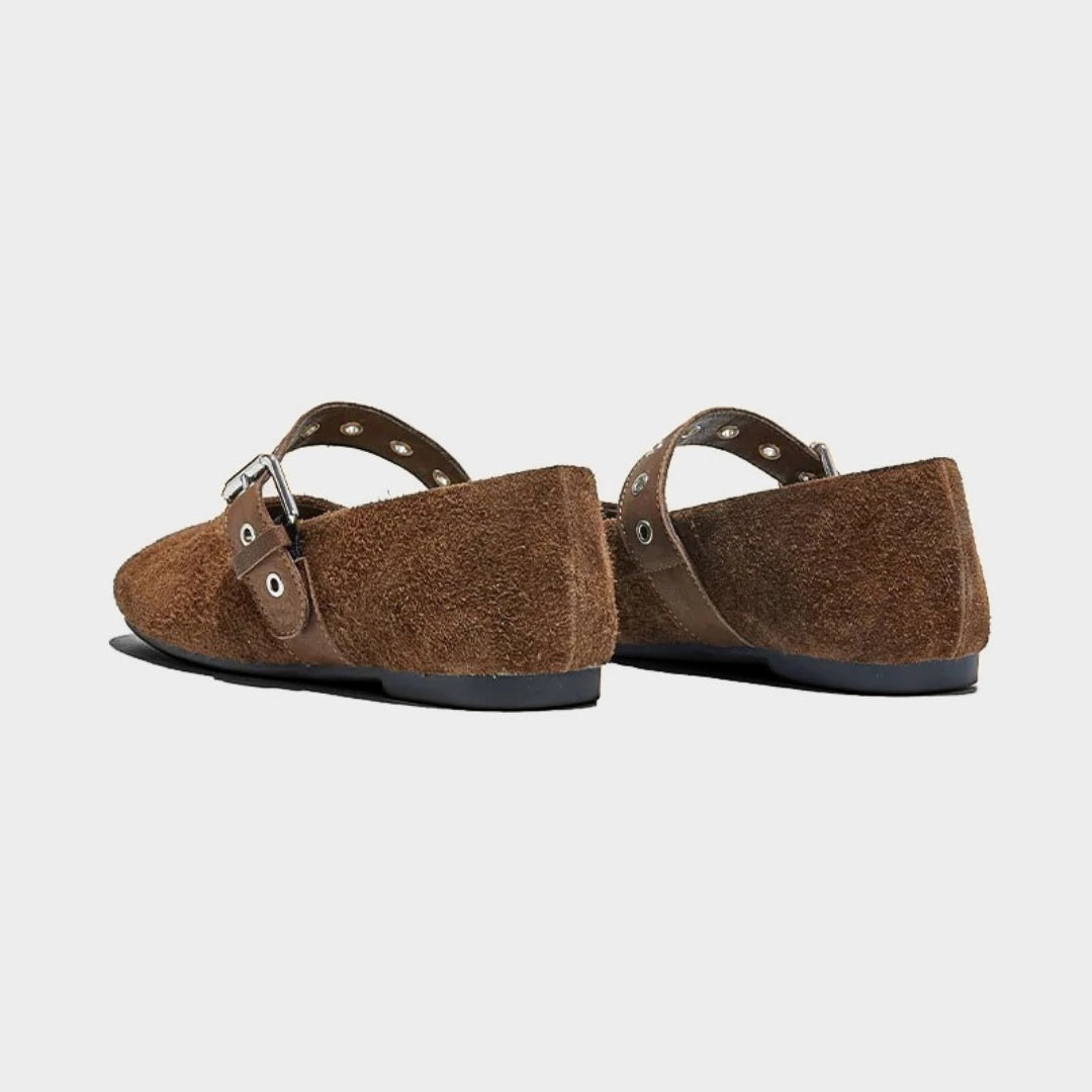 Textured Suede Mary Jane Flats with Leather Buckle Strap