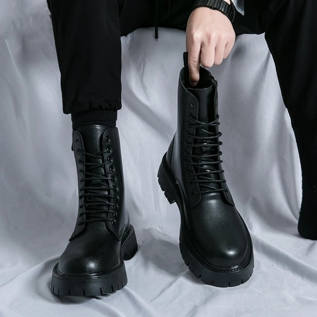 Leather Lace-Up Ankle Boots with Side Zipper and Platform Sole