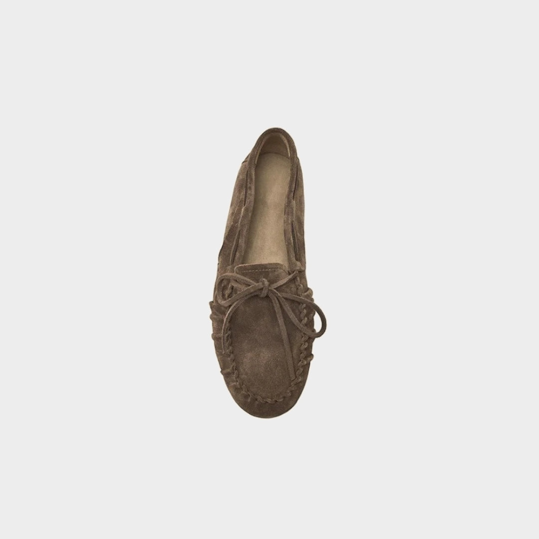 Brown Suede Leather Font-Lace Boat Loafers