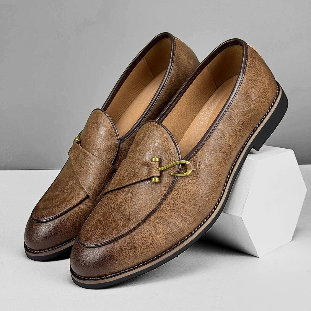 Leather Dress Loafers with Decorative Hook Closure