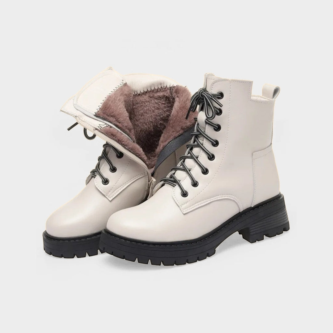 Leather Lace-Up Combat Low Heel boots with Warm Faux Fur Lining