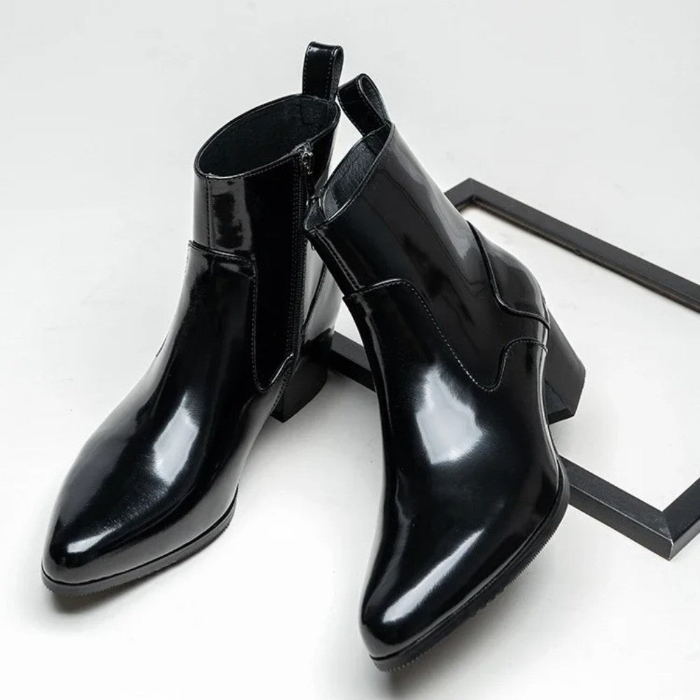 Black Patent Pointed Toe Heeled Chelsea Ankle Boots