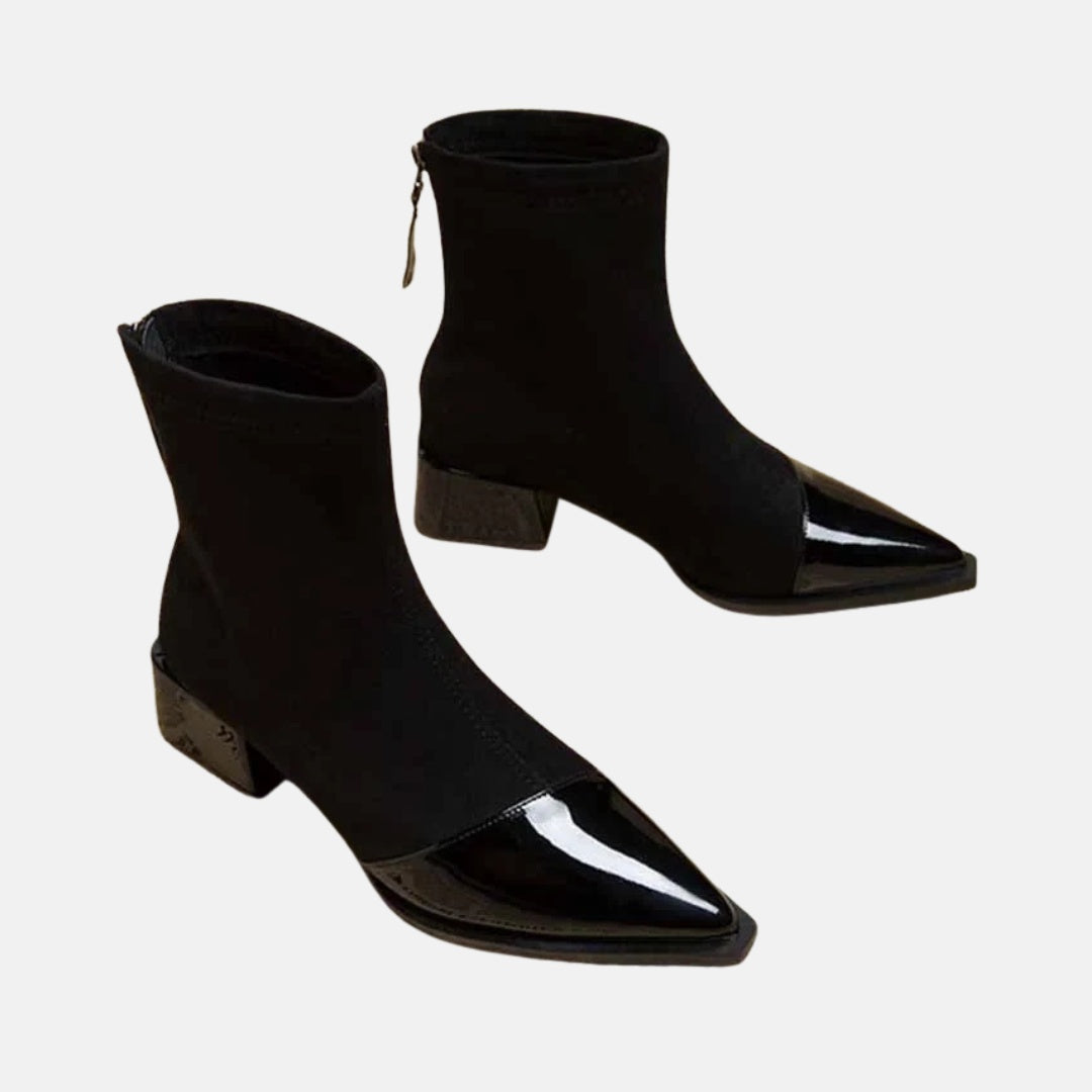 Suede Sock Ankle Boots with Mid Block Heel and Pointed Gloss Toe