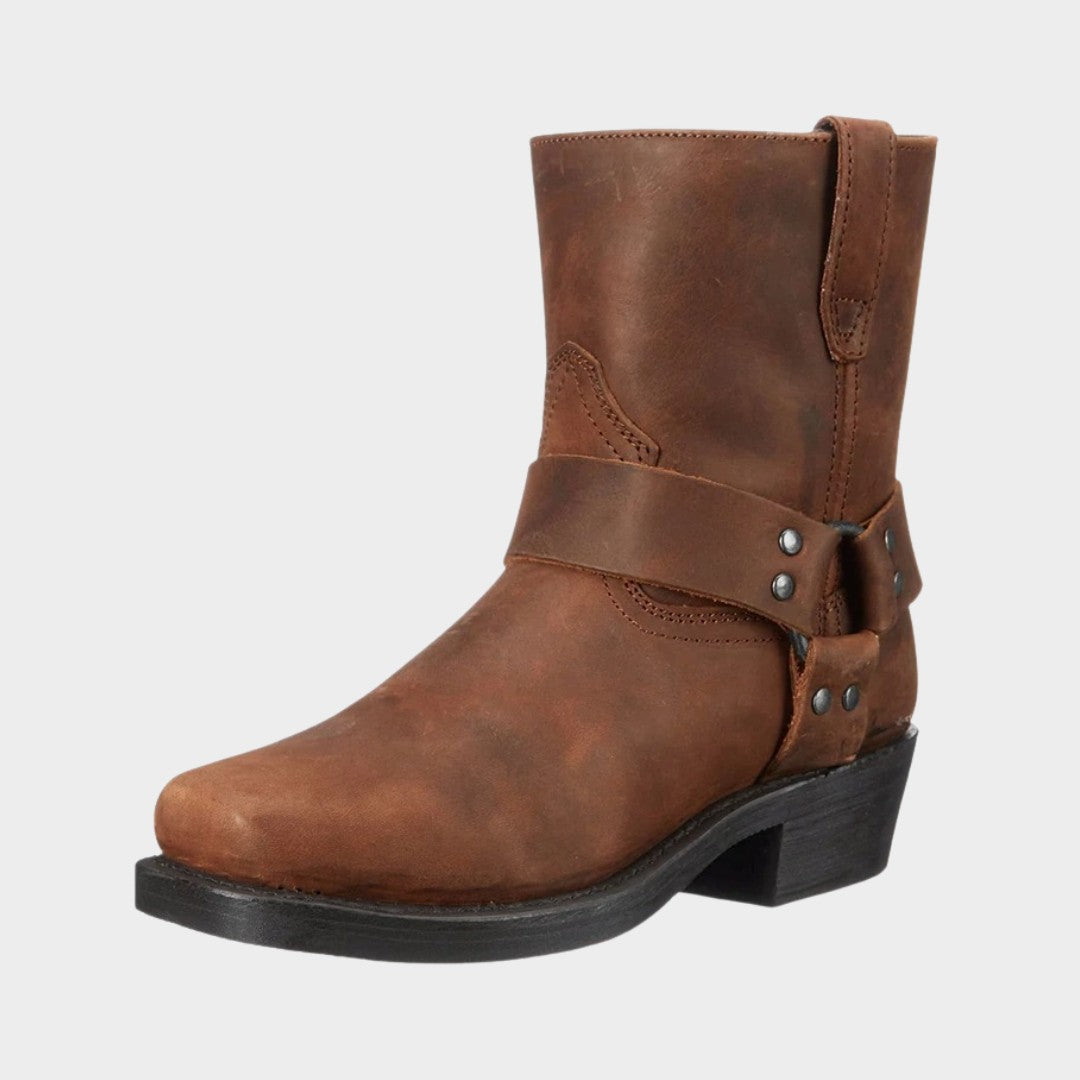 Mid-Calf Square Toe Cowboy Harness Boots with Zip Closure and Low Block Heel