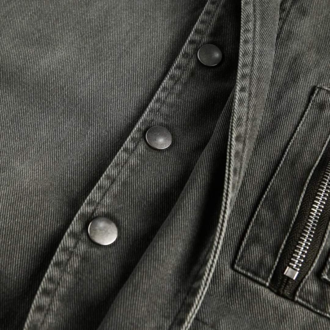 Washed Workwear Jacket With Stand Collar and Oversized Pockets