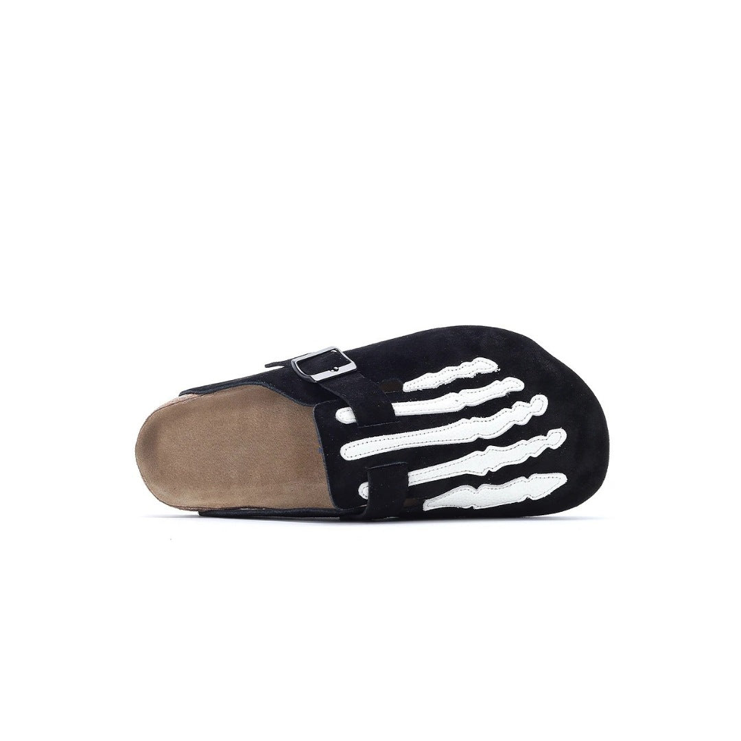 Suede Skeleton Slide Clogs with Cork Sole and Buckle Strap