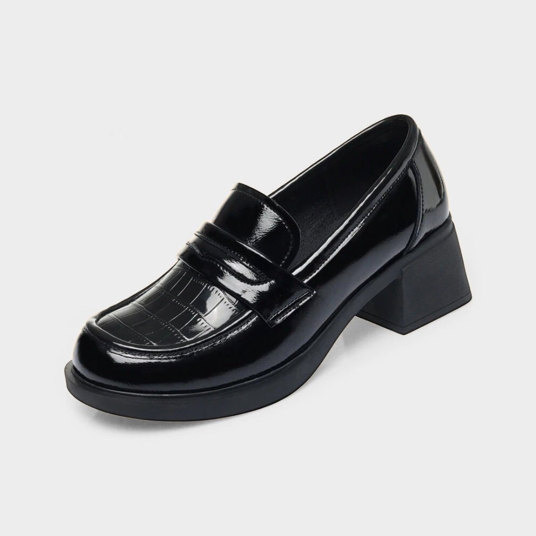 Black Gloss Leather Platform Penny Loafer Pumps