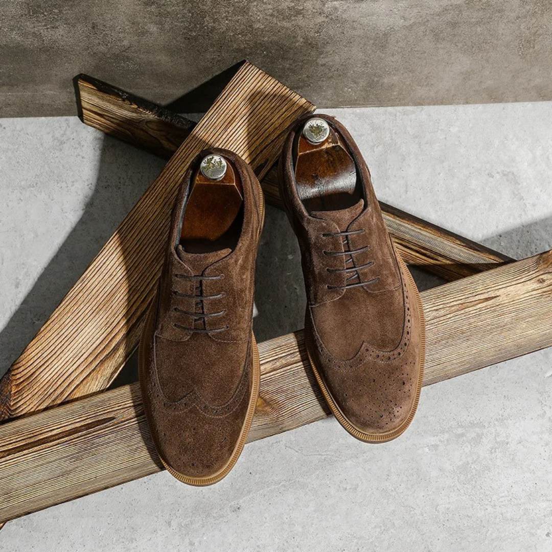 Brogue Suede Leather Derby Dress Shoes With Raised Sole and Block Heel