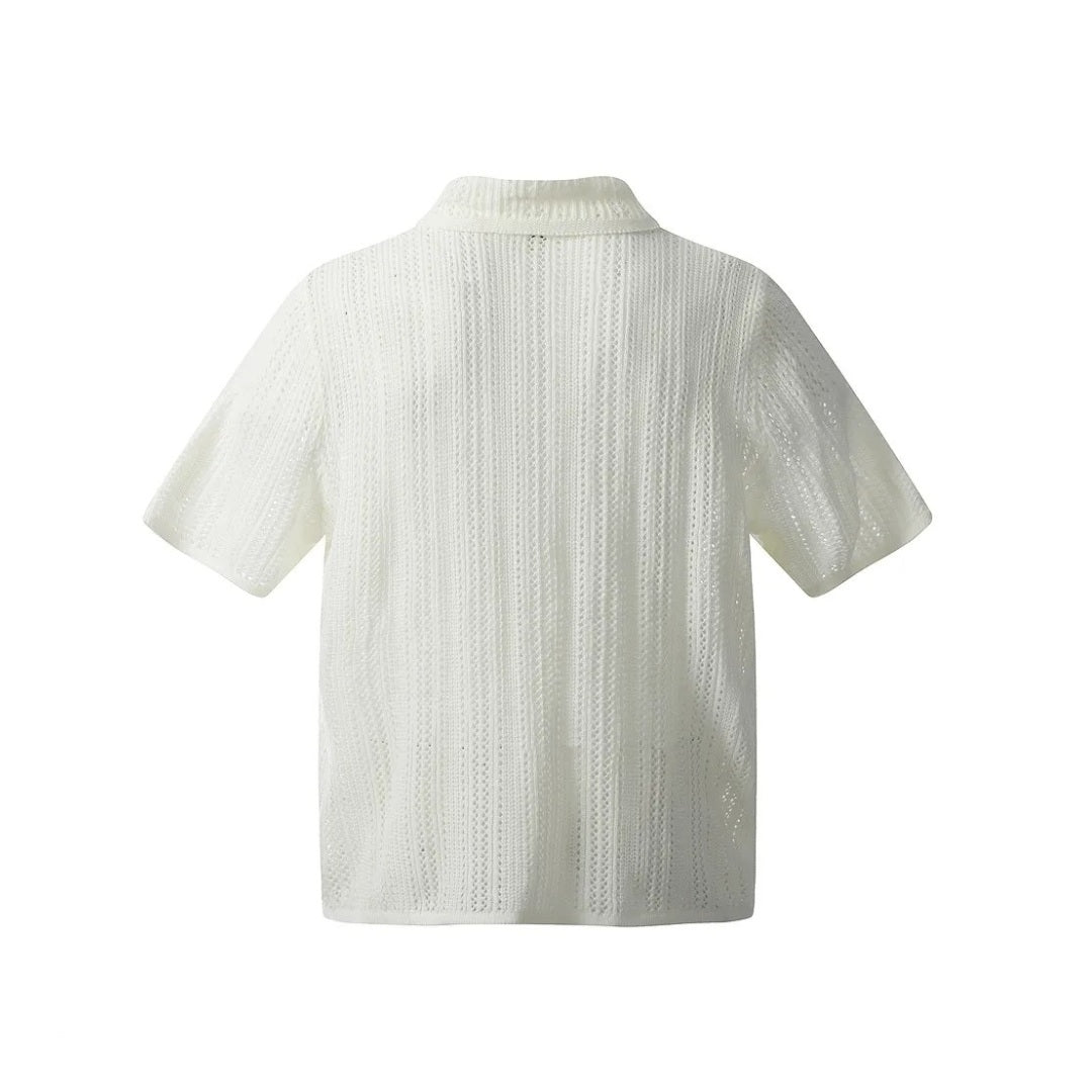 Short-Sleeve Crochet Knit Polo Shirt