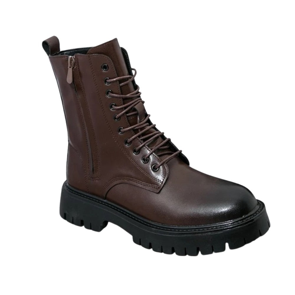 Leather Lace-Up Ankle Boots with Side Zipper and Platform Sole