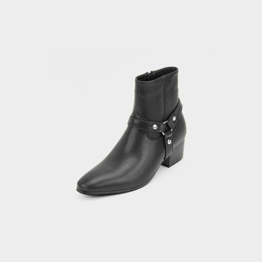 Western Harness Ankle Boots with Mid Heel Block and Almond Toe