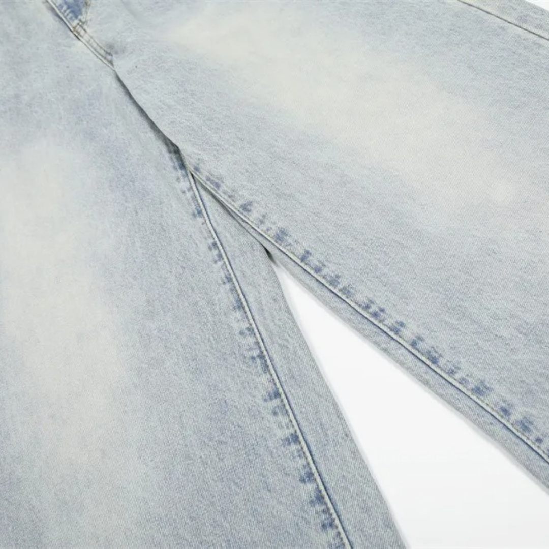 Washed Blue Wide-Leg Denim Jeans with Distressed Finish