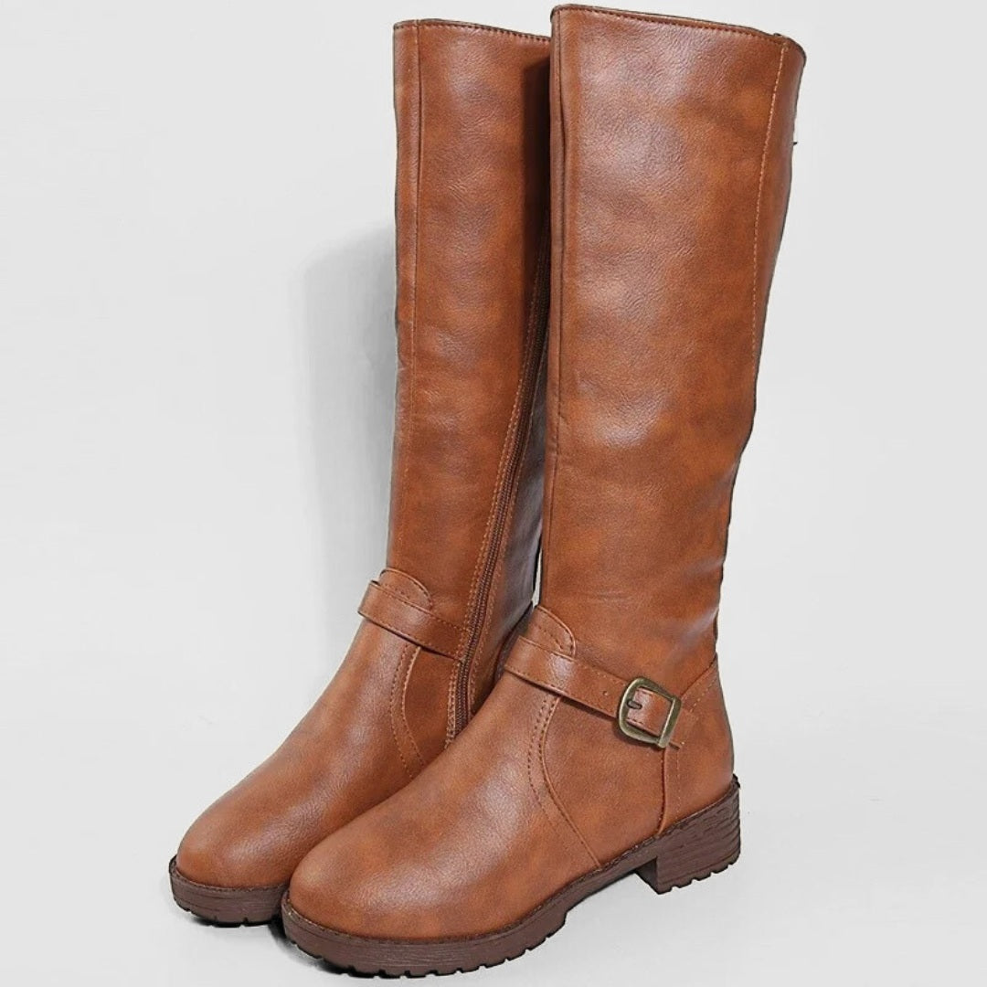 Riding Vegan-Leather Mid-Calf Zip Boots with Square Heel and Buckle Detail