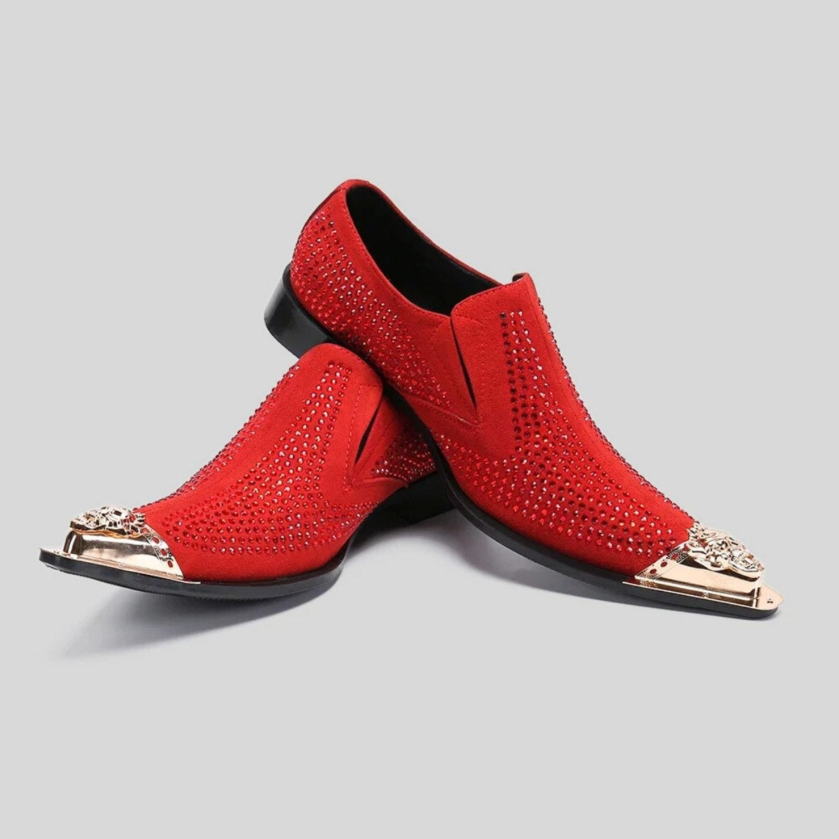 Rhinestone Slip-On Loafers with Metal Crest Toe