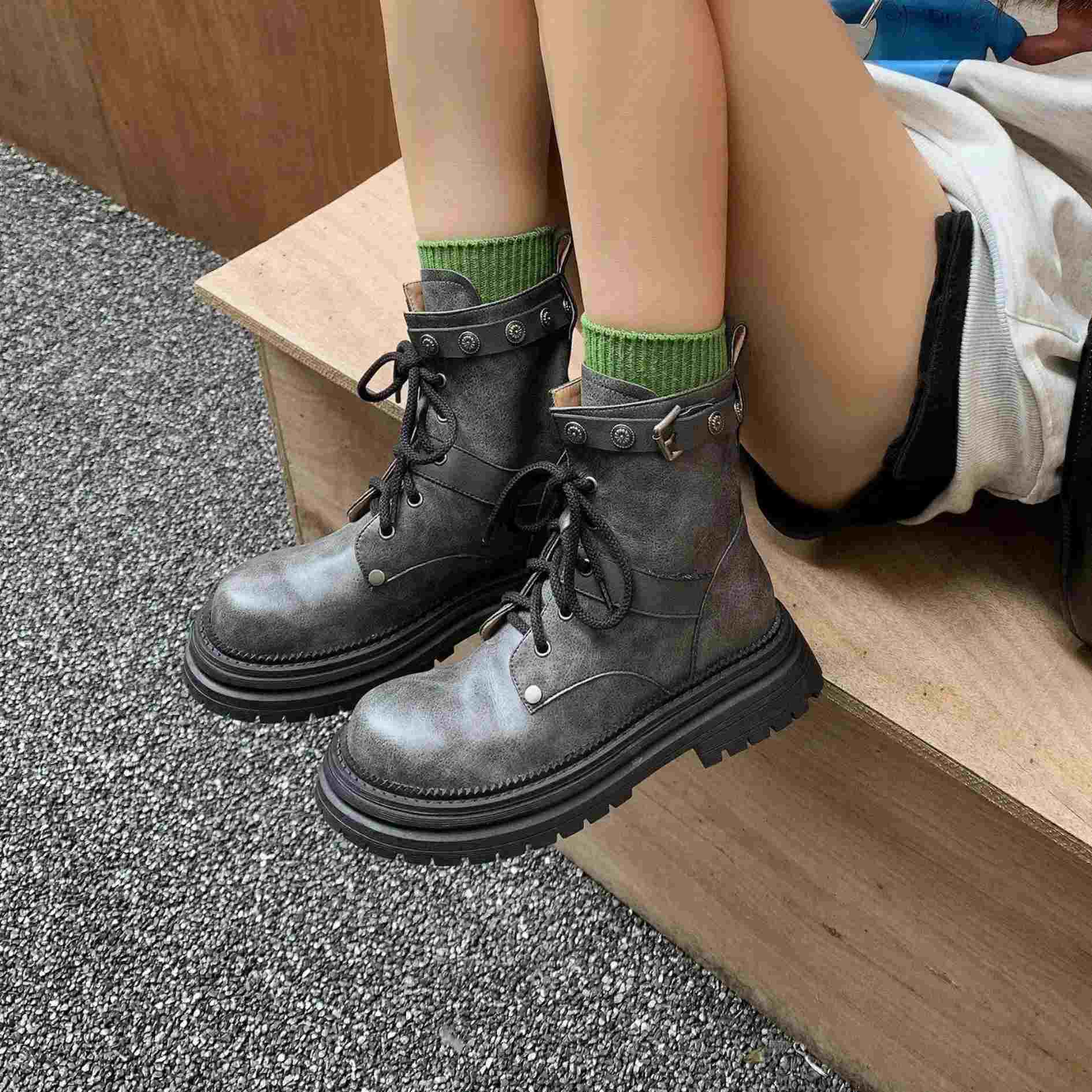Leather Lace-Up Ankle Boots with Rivet Strap and Chunky Sole