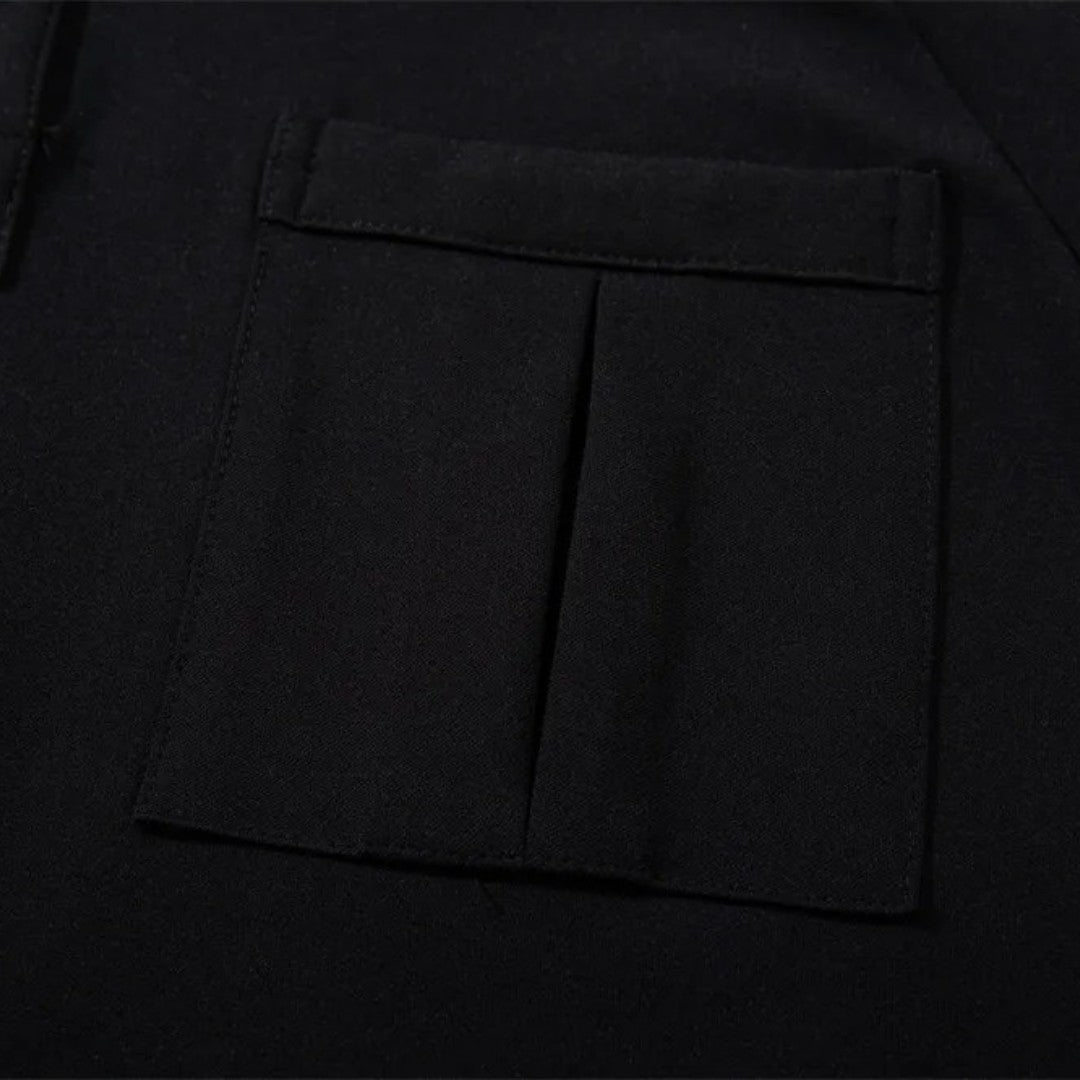 Black Minimalist Spliced Design Long Sleeve Polo