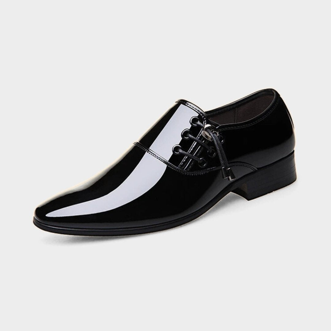 Patent Gloss Finish Pointed Dress Shoes with Side Lacing Detail and Low Block Heel