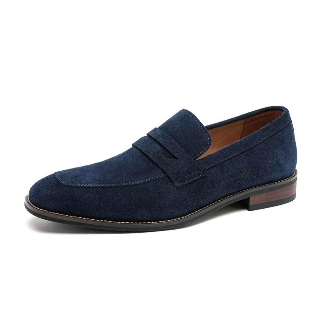 Suede Penny Business Loafers with Low Block Heel