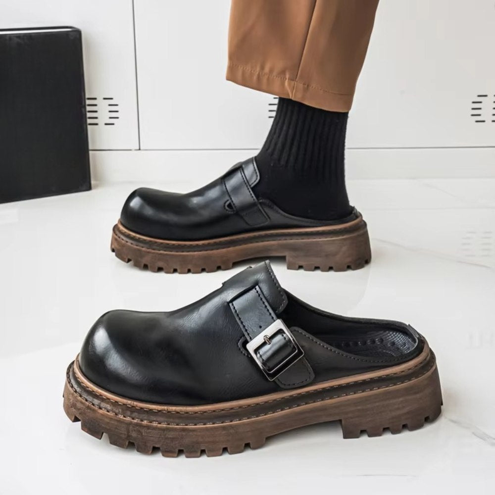 Black Backless Leather Buckle Loafers with Lug Sole